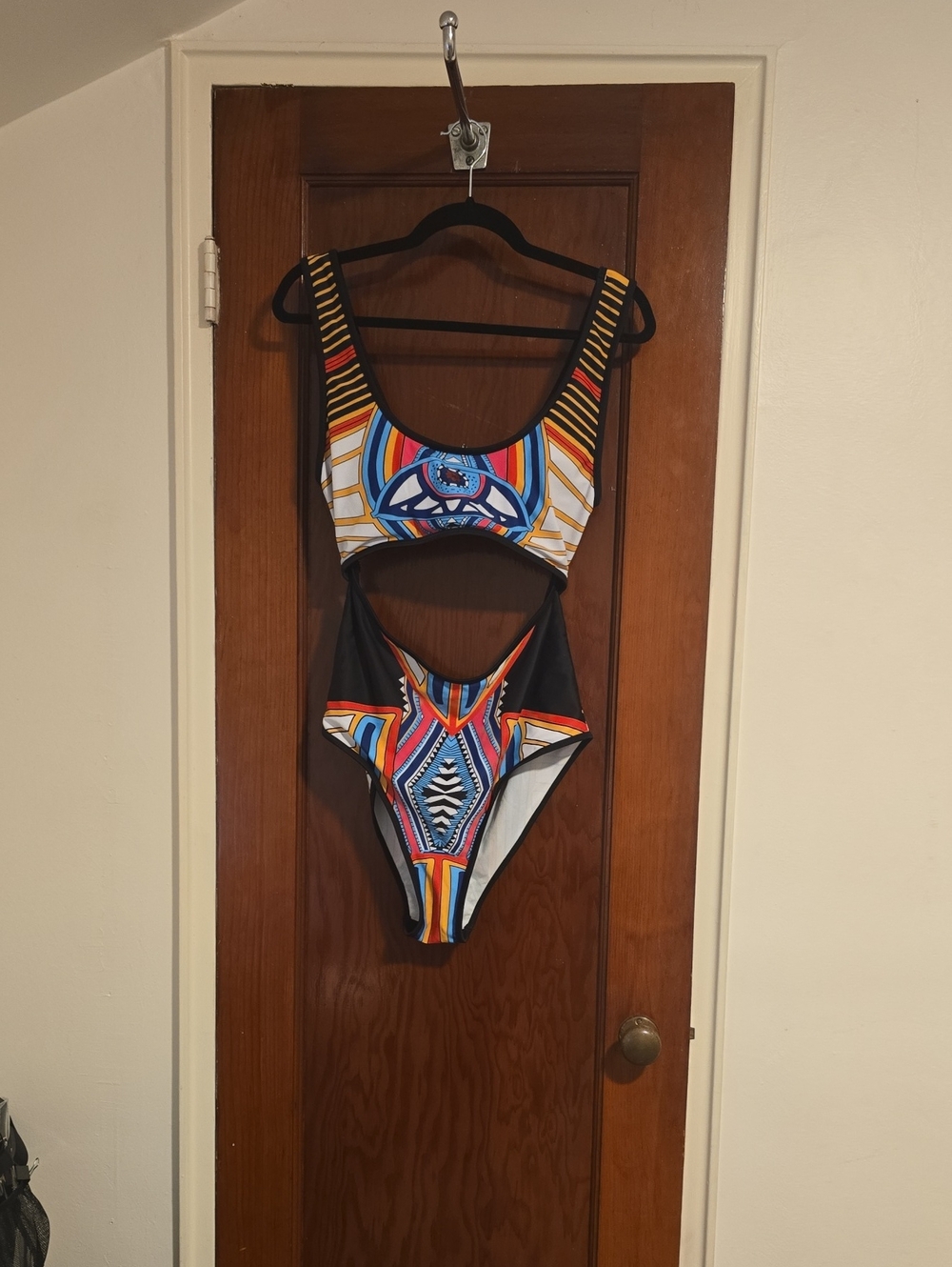 Multicolor Geometric Cutout One-Piece Swimsuit - Black & Blue Accents